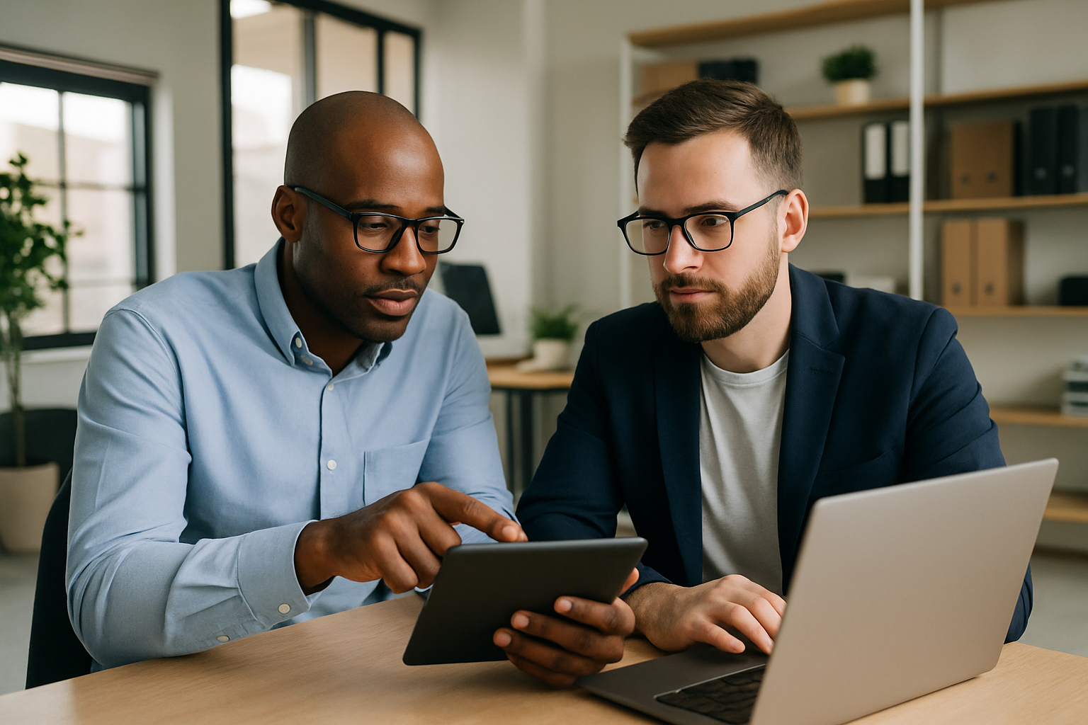 Two people discussing over a tablet.