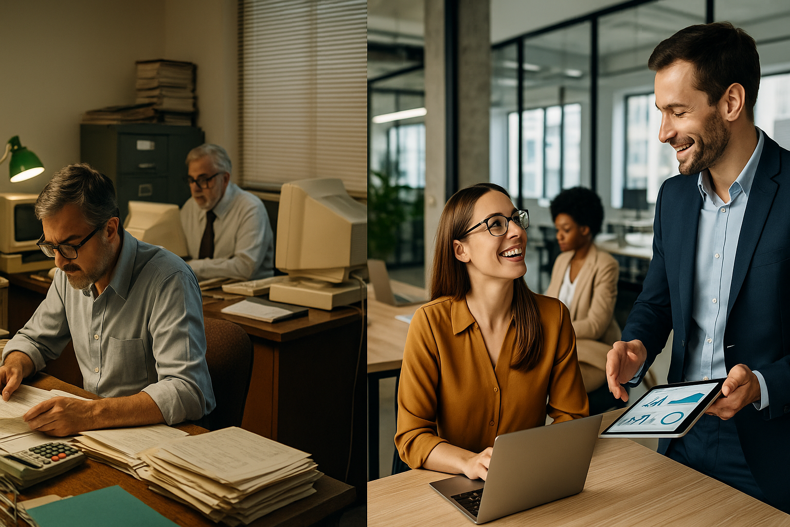 Two contrasting office environments depicted.