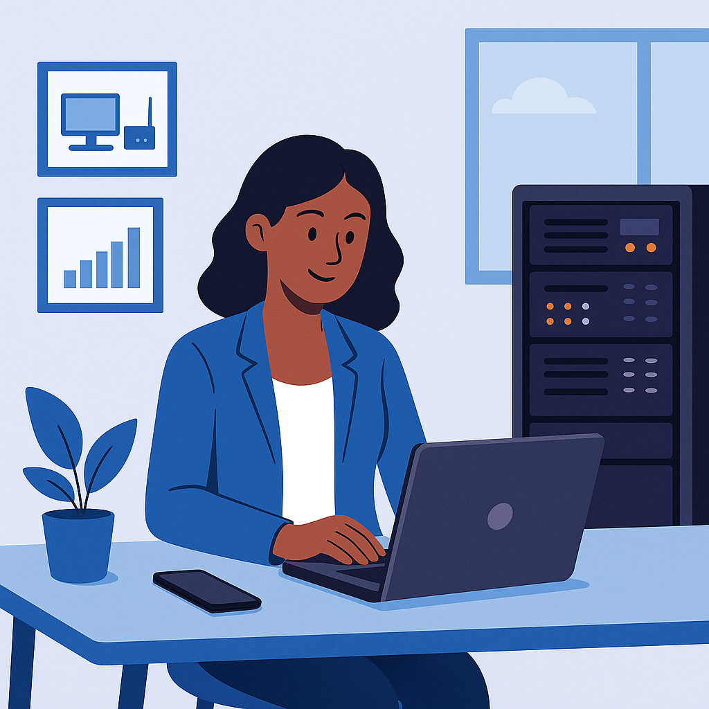 Woman working at a computer desk.