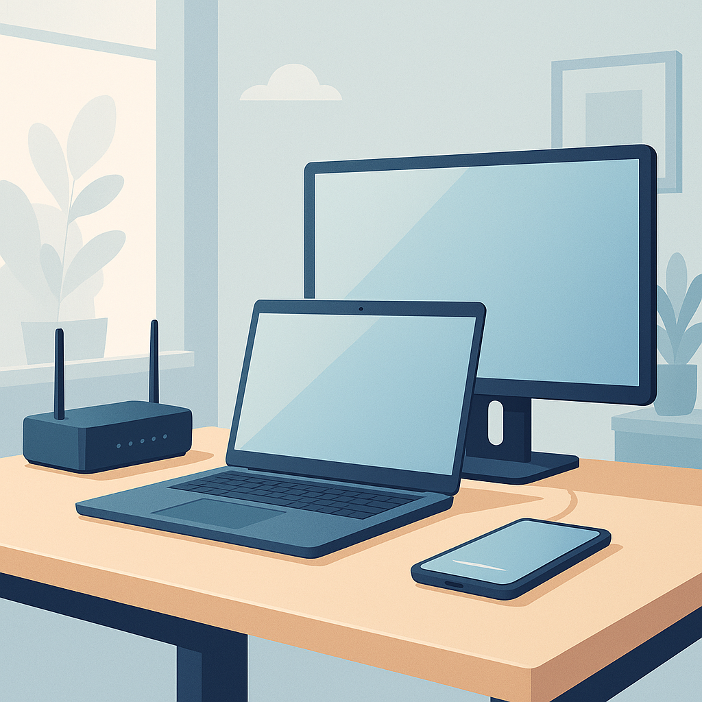 Modern workspace with devices and router