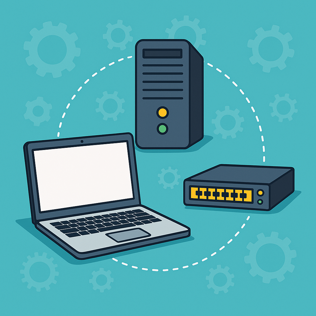 Laptop, server, and switch illustration.