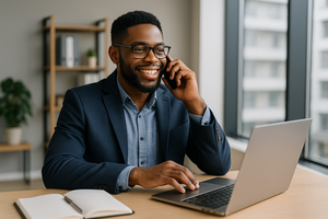 Person on phone at desk