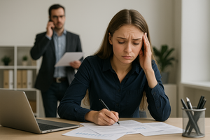 Woman stressed while reviewing documents.