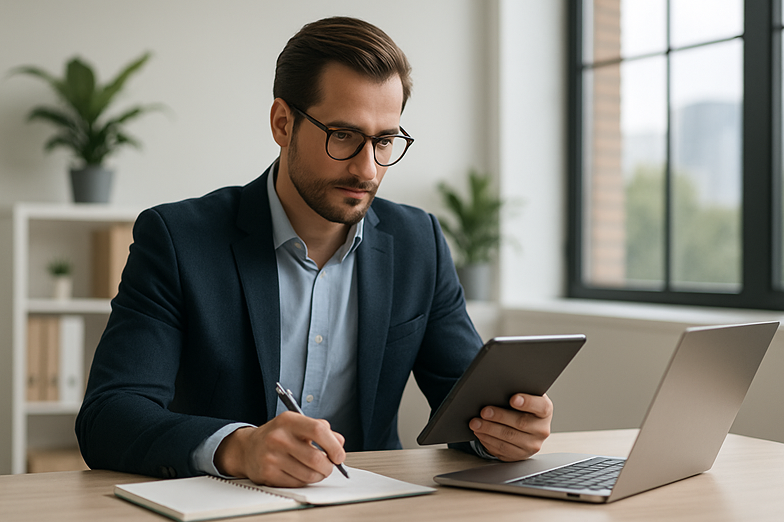 Professional working with tablet and laptop.