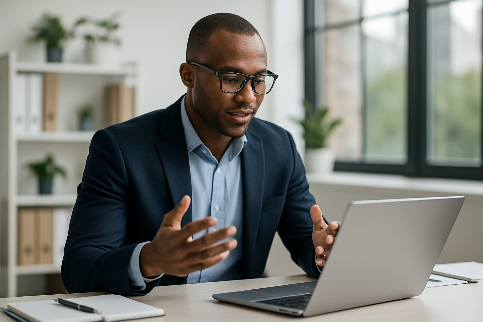 Businessman discussing strategy via laptop