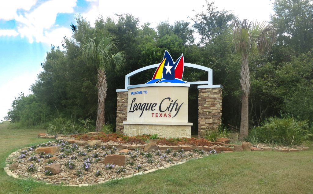 Welcome sign for League City, Texas
