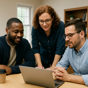 Group collaborating around a laptop.