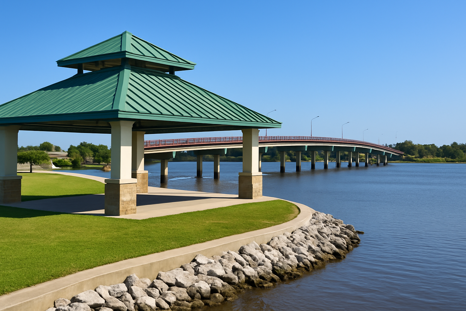 Bridge over calm water with pavilion