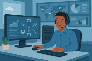 Person working at computer with headset