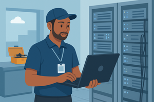 Technician working in server room.