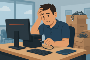 Frustrated person working at desk.