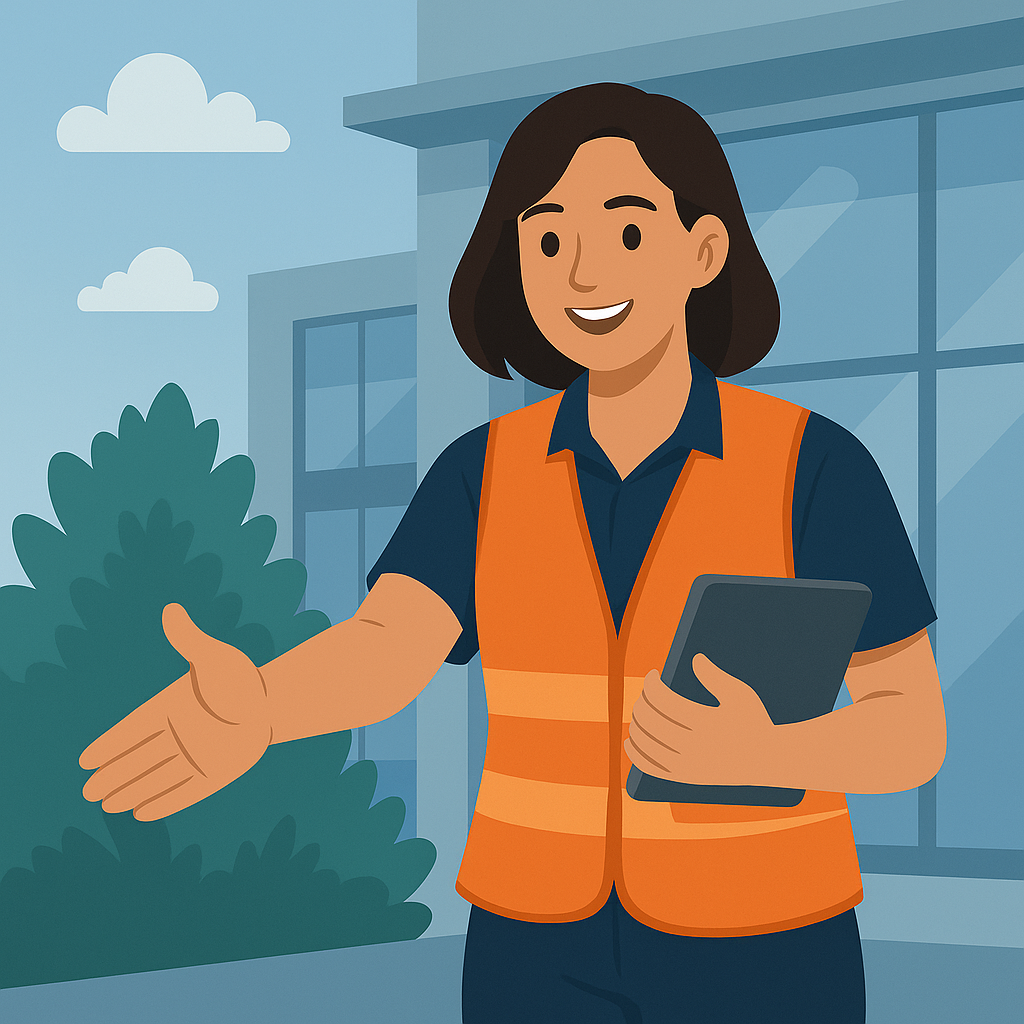 Person in safety vest offering tablet