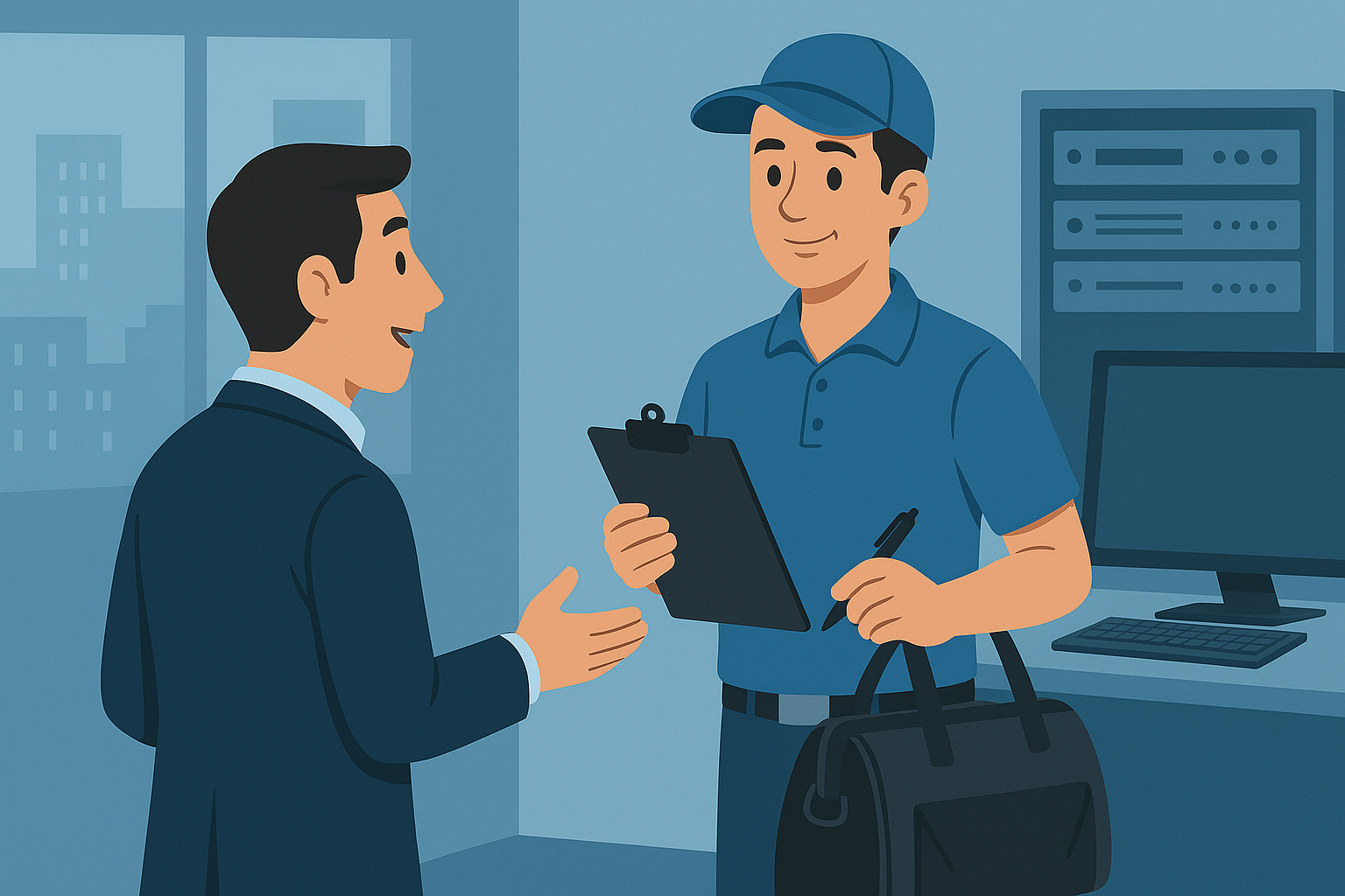 Business meeting with delivery personnel.