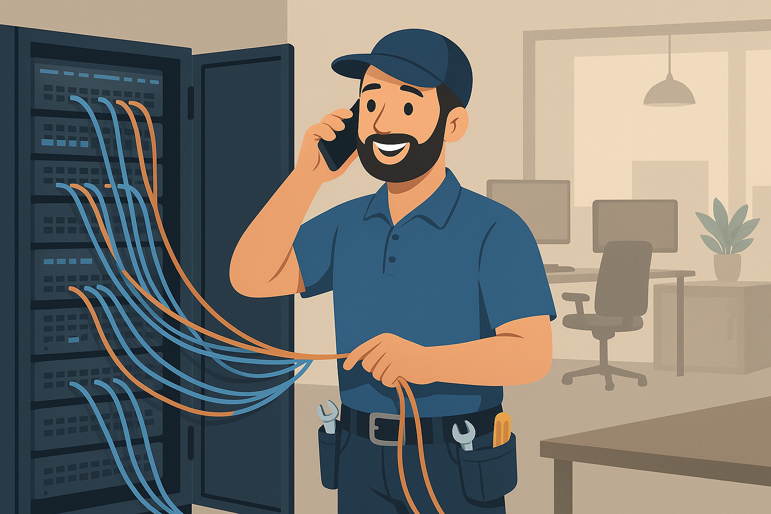 Technician managing network cables.