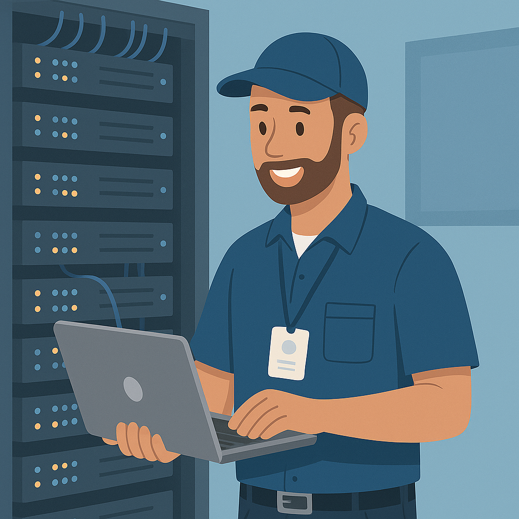 Person working on a laptop server.