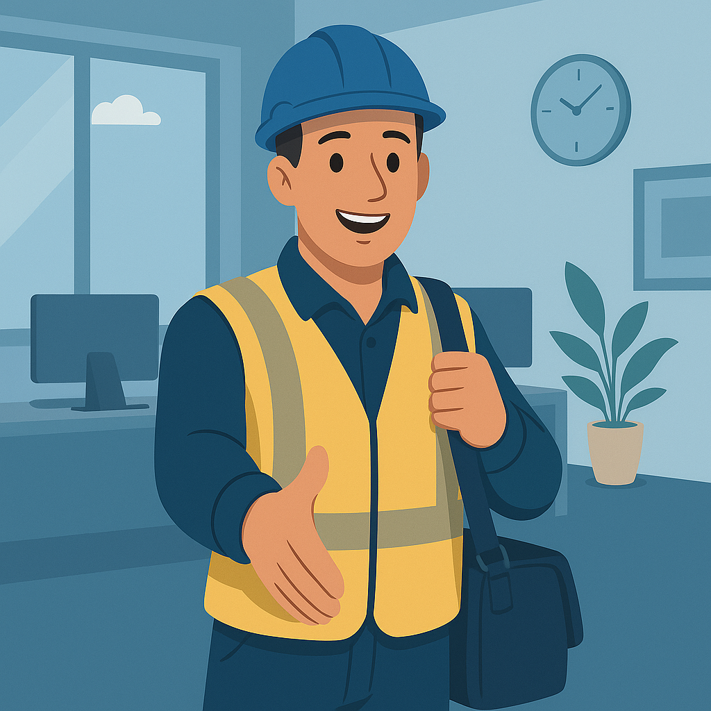 Construction worker offering handshake indoors.