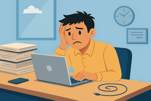 Stressed man working on laptop