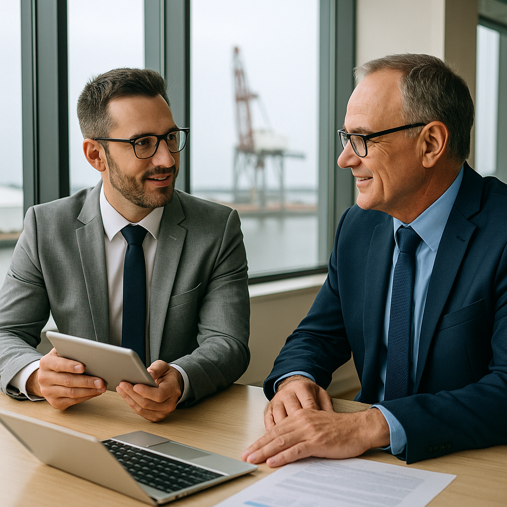 Two men discussing at a table.