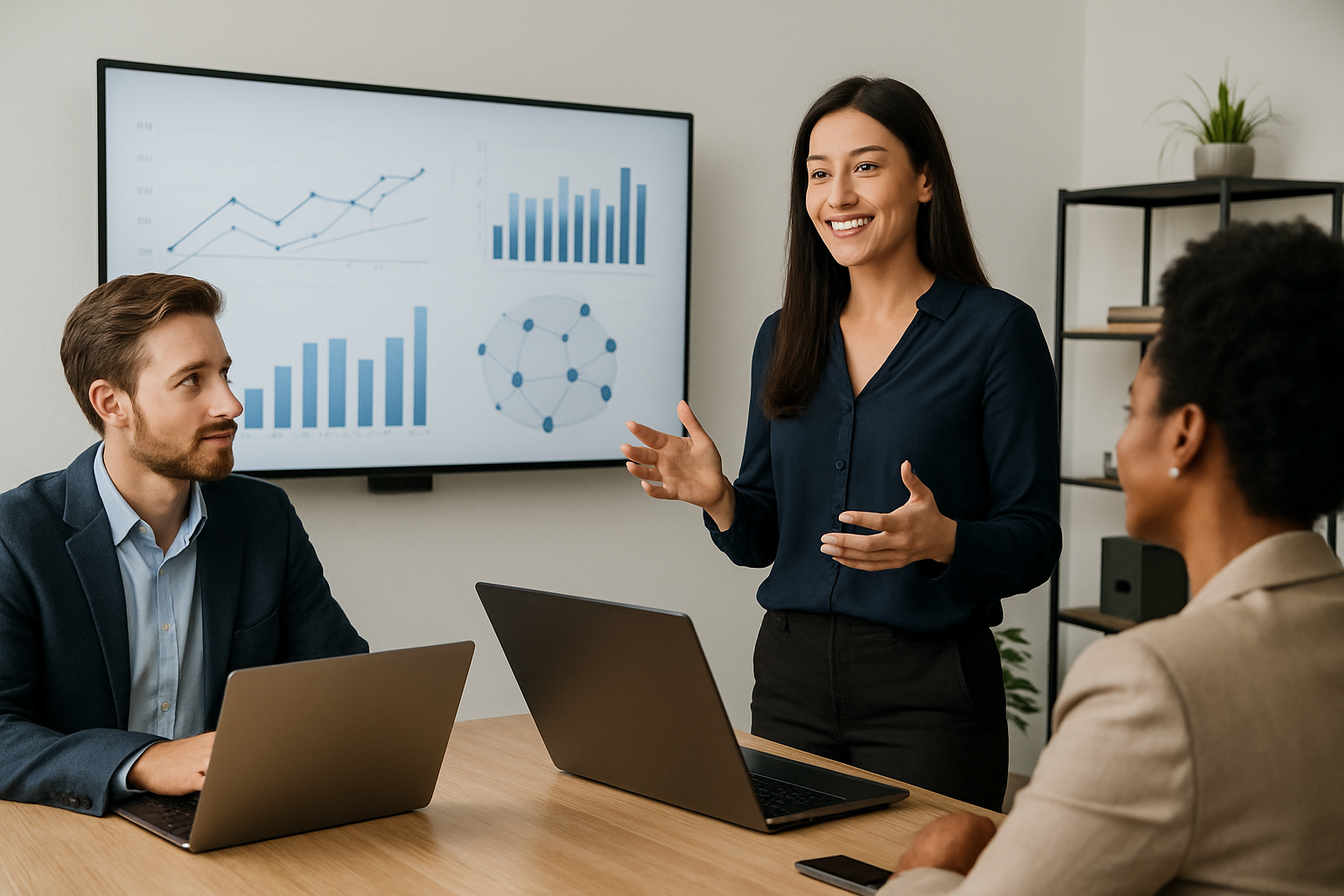 Business meeting with data presentation.