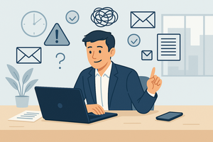 Person at desk surrounded by notifications