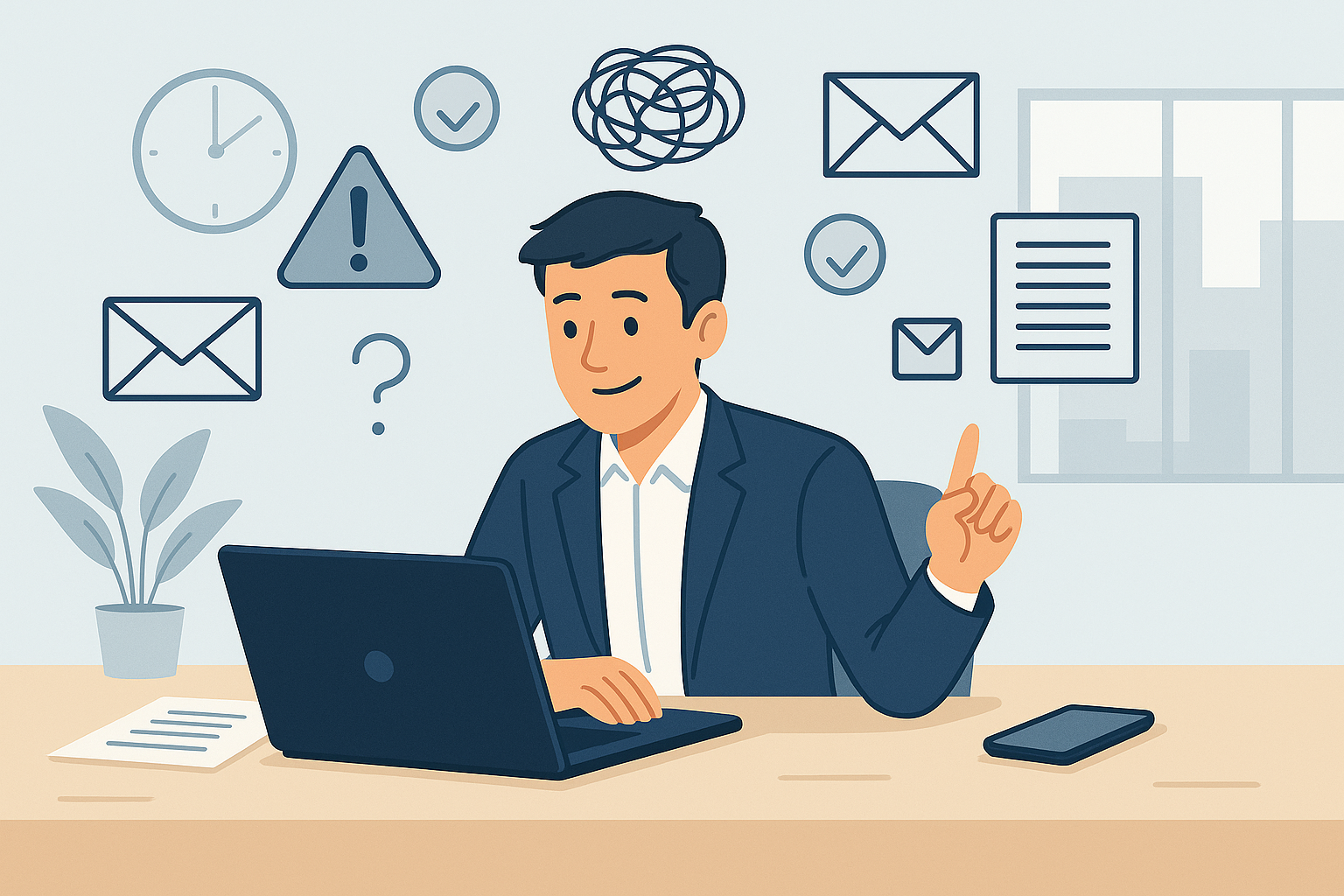 Person at desk surrounded by notifications