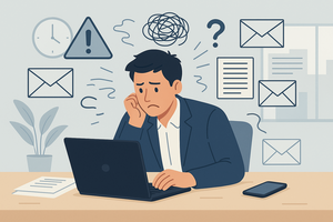 Stressed person working on laptop.