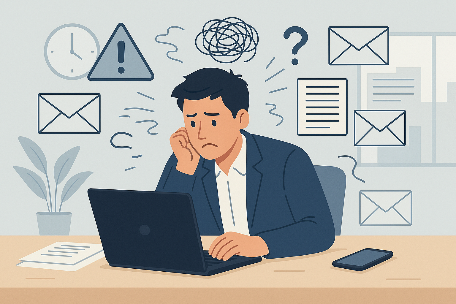 Stressed person working on laptop.