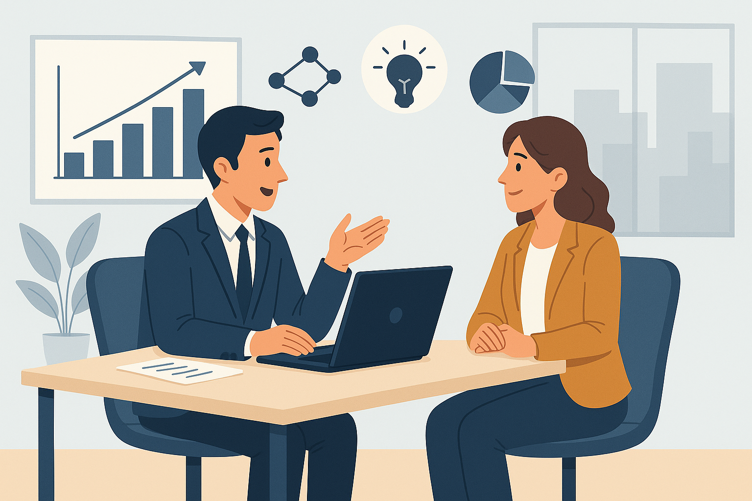 Business meeting with charts and laptop.