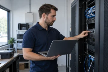 IT technician checking server equipment with a laptop