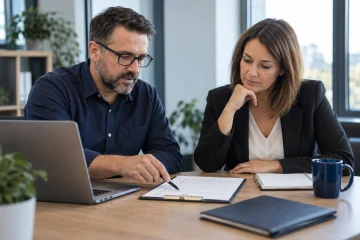 Adviser and business manager reviewing a checklist