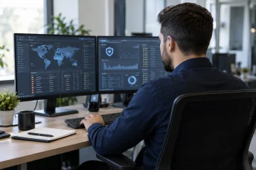 Security analyst reviewing monitoring screens