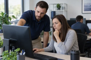 IT technician assisting an office worker at a computer