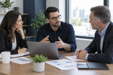 Consultant and business leaders discussing technology plans
